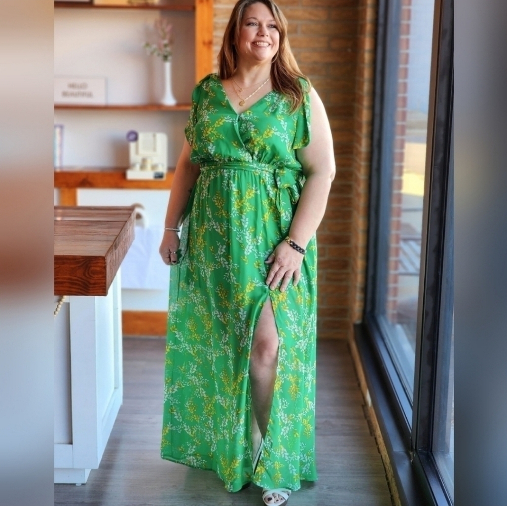 White Birch Green Floral Tie Shoulder Flowy Maxi Dress W/Tie Belt, Size 3X. NWOT - Picture 4 of 5